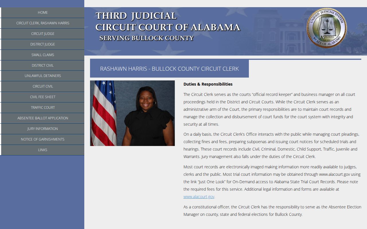 Bullock County warrant records Circuit Clerk page
