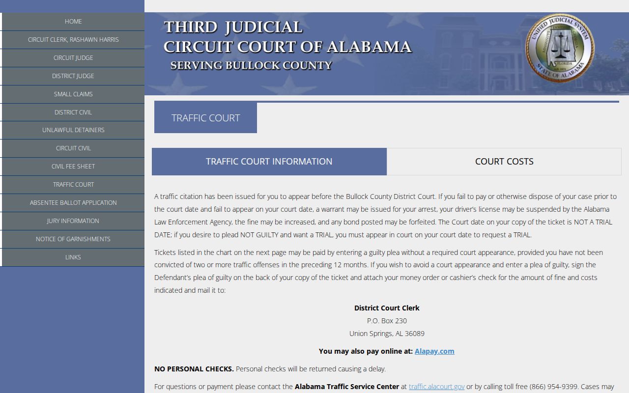 Bullock County traffic warrant court warning page
